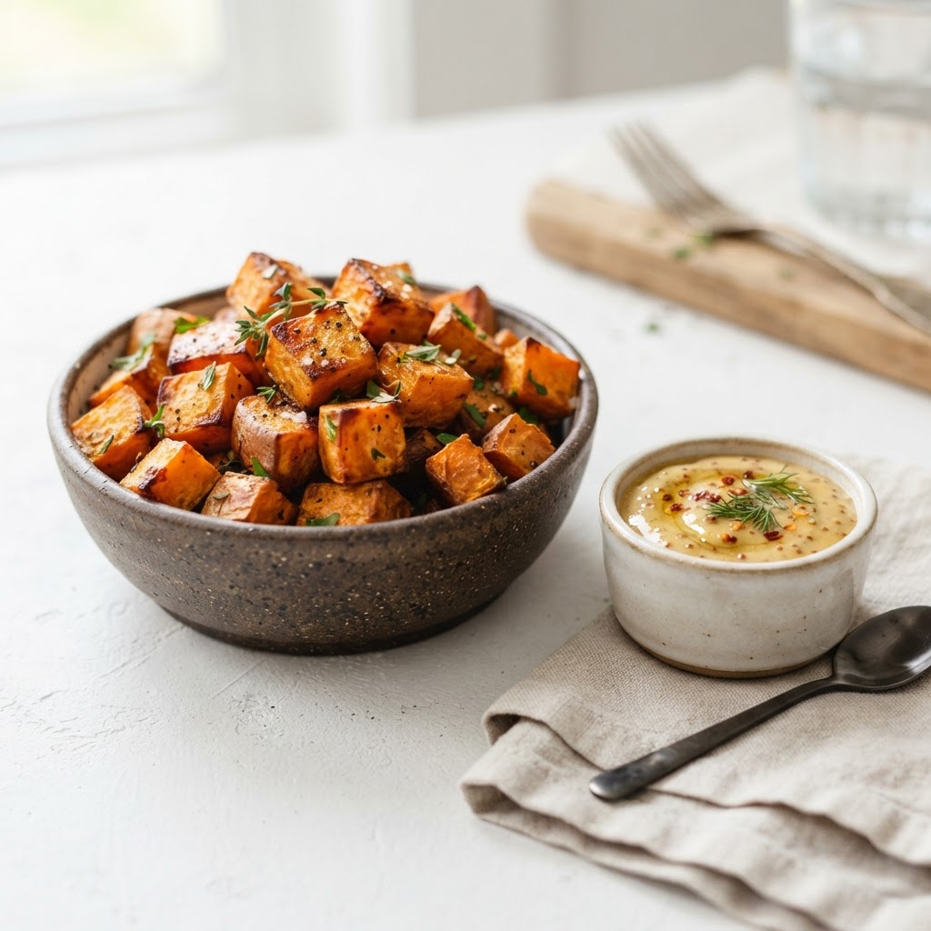 Roasted Sweet Potatoes + Hot Honey Mustard