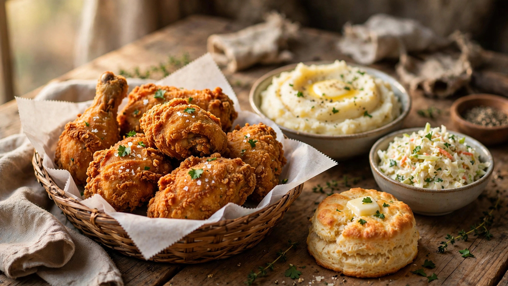 KFC nutrition calculator — fried chicken, mashed potatoes, coleslaw and a biscuit on a wooden table