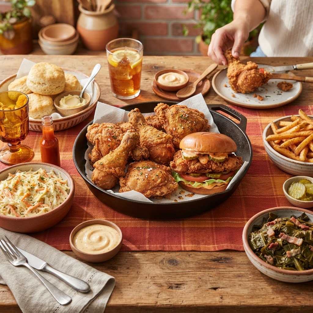 Popeyes nutrition calculator — Louisiana-style fried chicken spread with chicken sandwich, tenders, biscuits and sides in warm orange and red tones