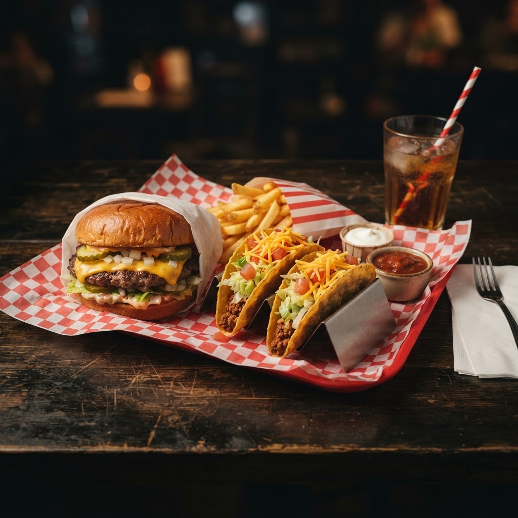 Jack in the Box nutrition calculator — a late-night tacos and burgers spread in red and white tones