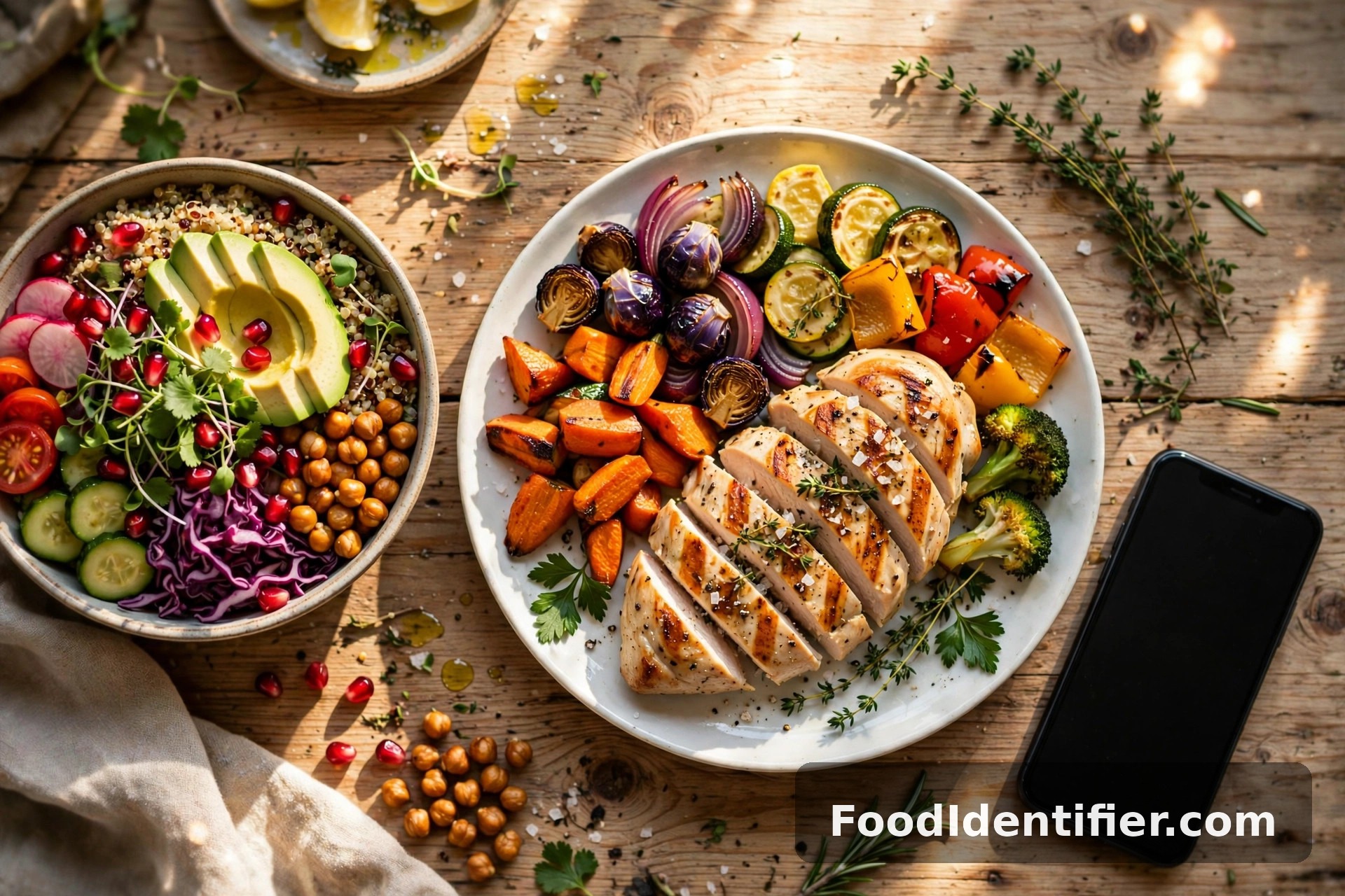 Counting calories without a tracking app — photographing a healthy meal for a free calorie scan.
