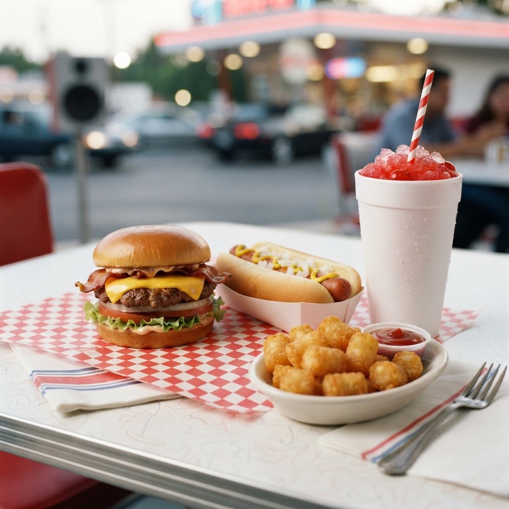 Sonic Drive-In nutrition calculator — a classic drive-in meal spread with a cheeseburger, hot dog, red cherry slush drink, and tater tots in red and blue color palette