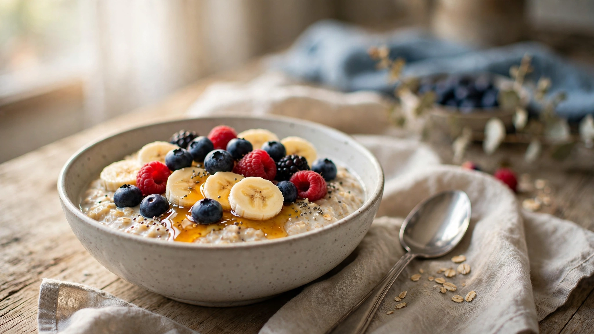 How many calories in oatmeal — bowl of cooked oatmeal topped with banana, berries, honey, and chia seeds