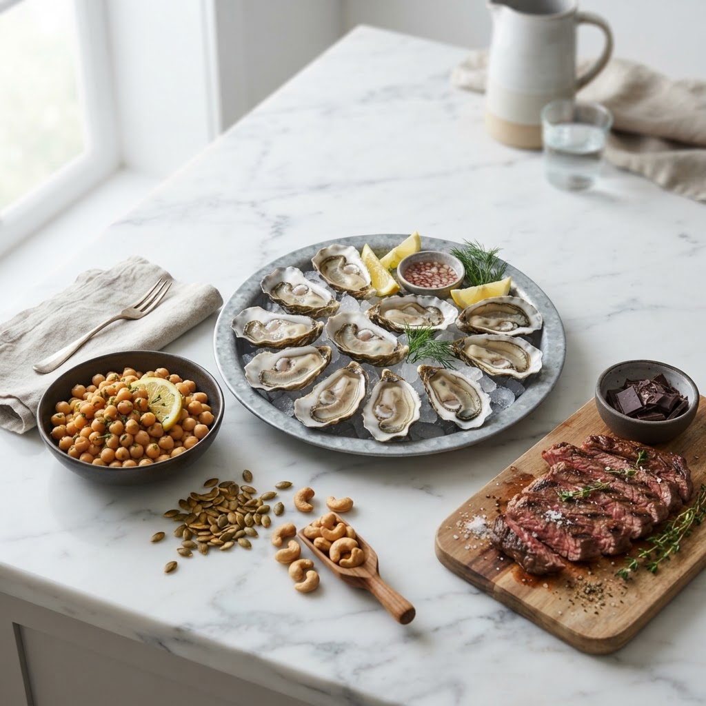 Foods high in zinc — oysters, beef, pumpkin seeds, chickpeas, and dark chocolate on a marble counter — FoodIdentifier.com