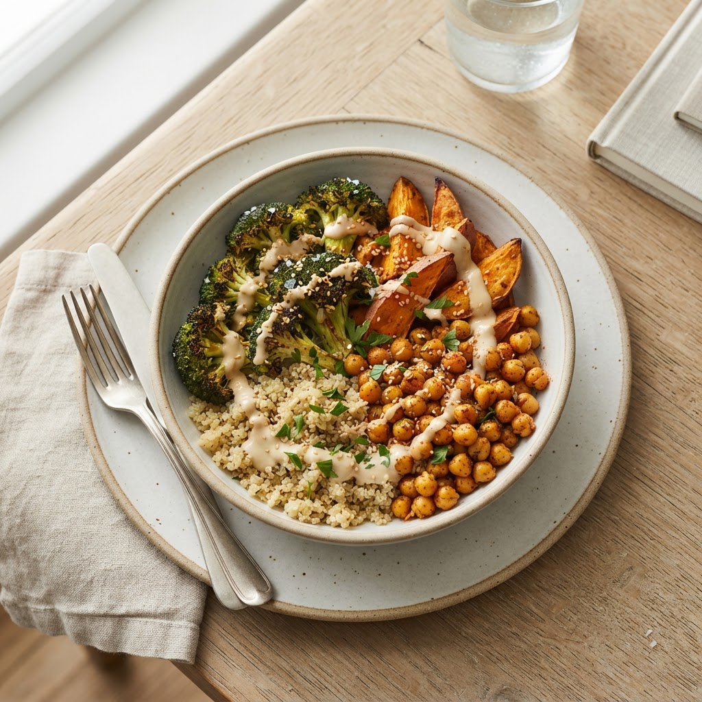 A high-fiber dinner bowl — quinoa, broccoli, sweet potato and chickpeas stack up fast.