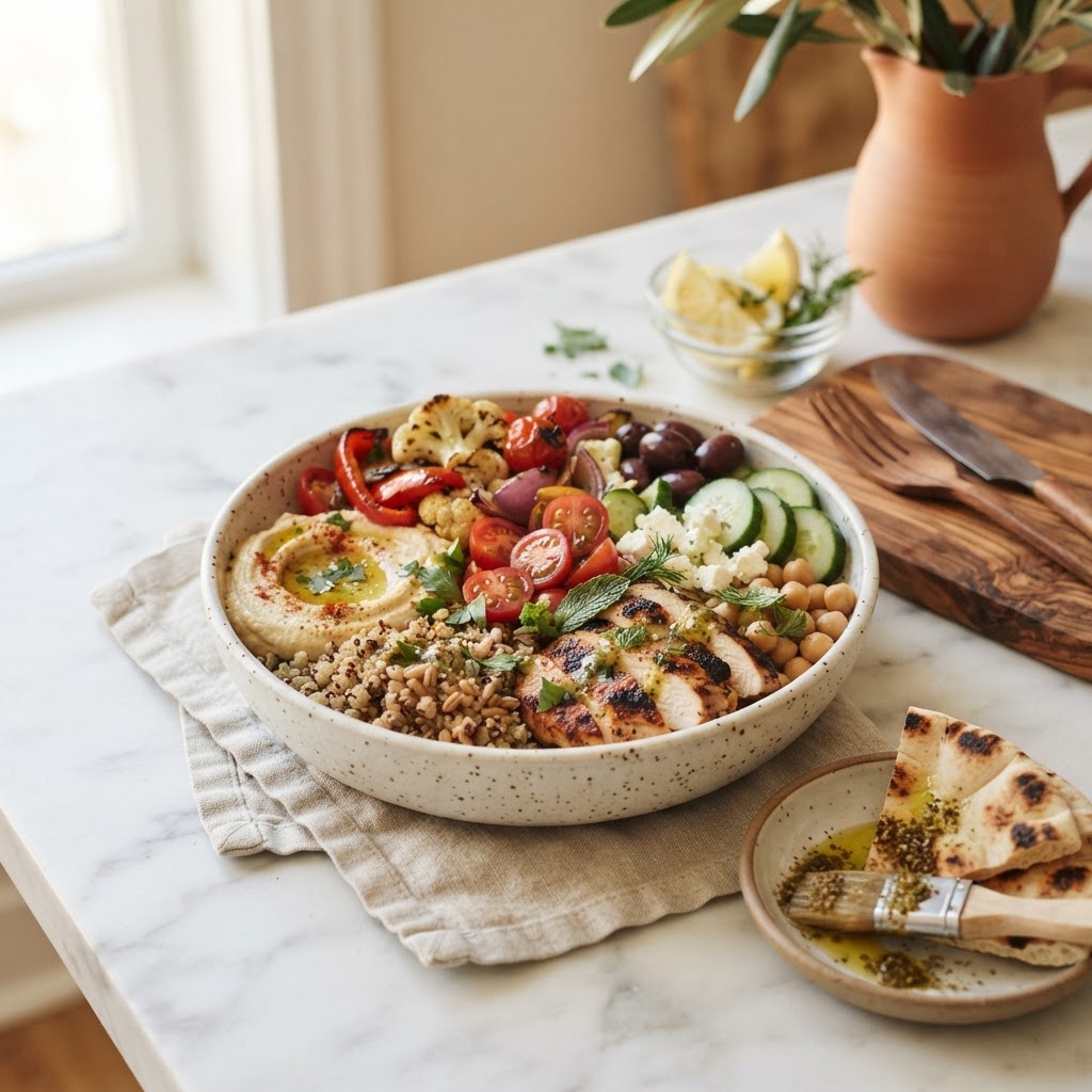 CAVA nutrition calculator — Mediterranean grain bowl with grilled chicken, hummus, colorful vegetables, and pita in warm neutrals and green tones