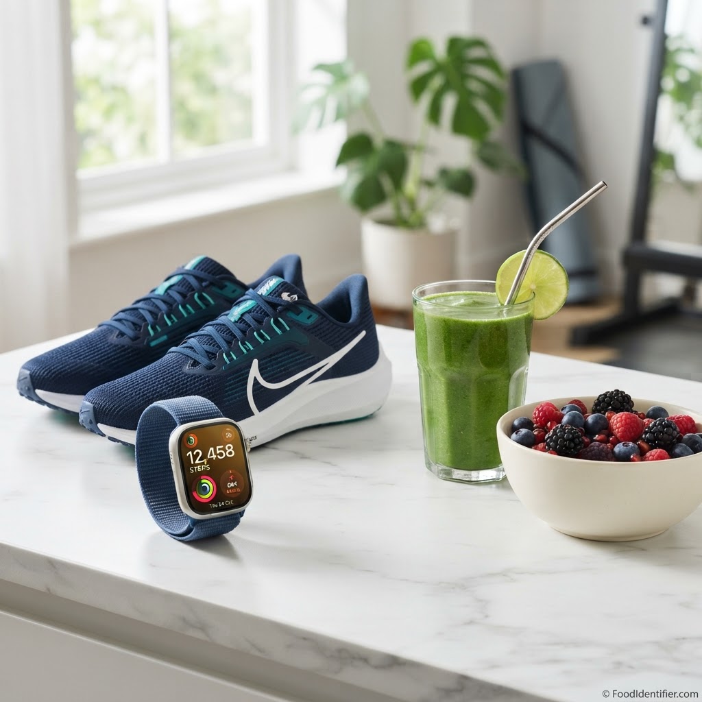 Apple Watch displaying step count and calorie burn data next to a green smoothie and running shoes — FoodIdentifier Apple Health sync for smarter nutrition