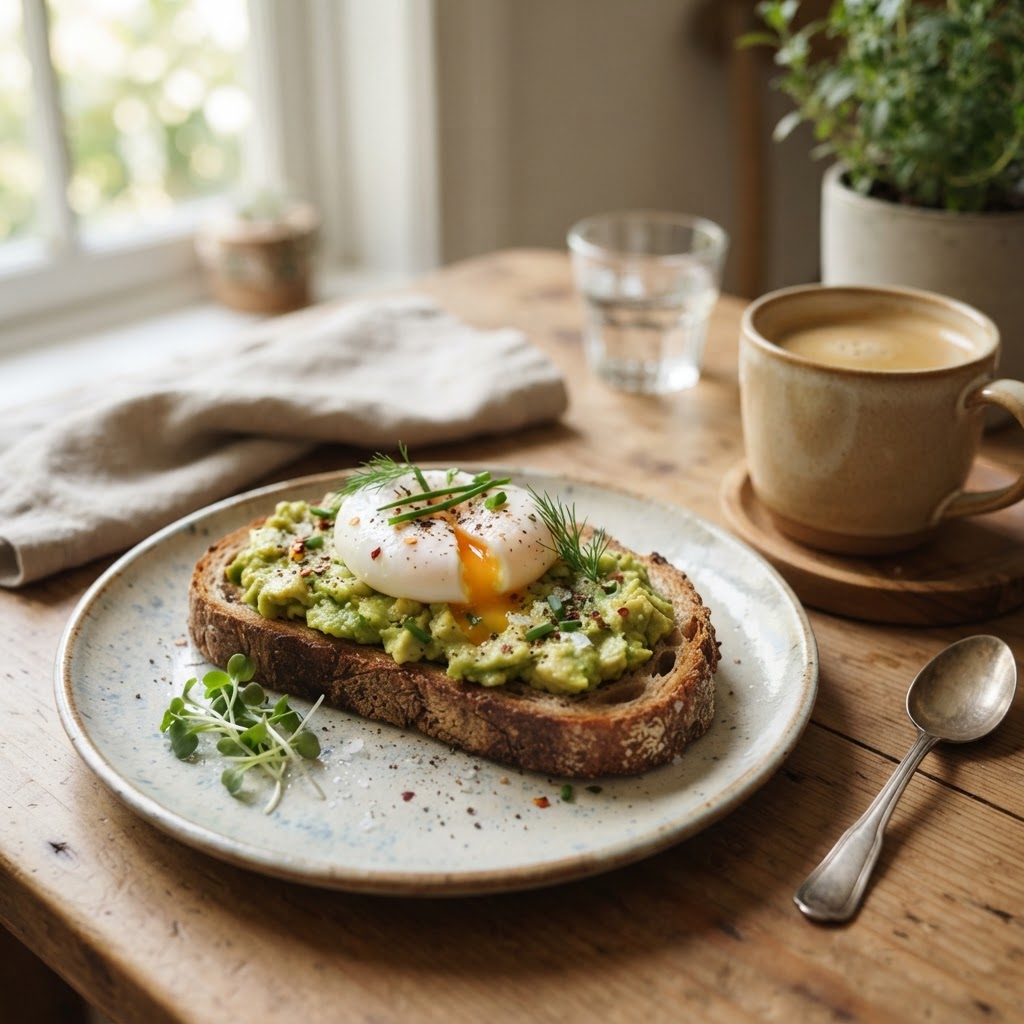 Whole-grain sourdough with egg and avocado — the strongest version of the sourdough choice.