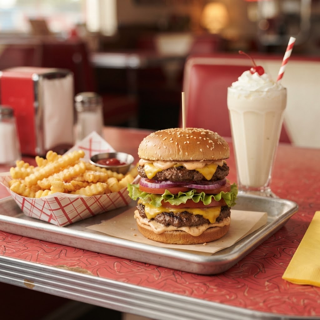 In-N-Out Burger nutrition calculator — classic American burger meal with double cheeseburger, crispy fries, and milkshake in retro red white and yellow burger stand color palette