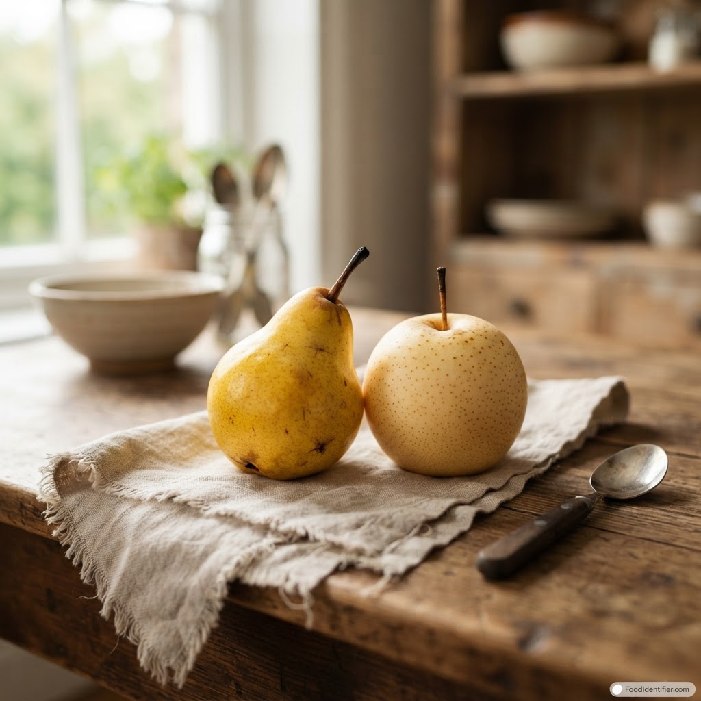 How many calories in a pear — ripe Bartlett and Asian pears on a kitchen table.
