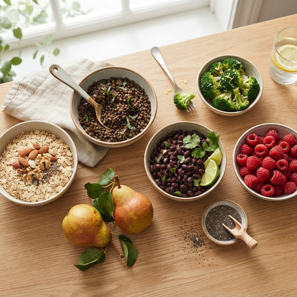 High-fiber foods for weight loss — beans, berries, oats and seeds on one table.