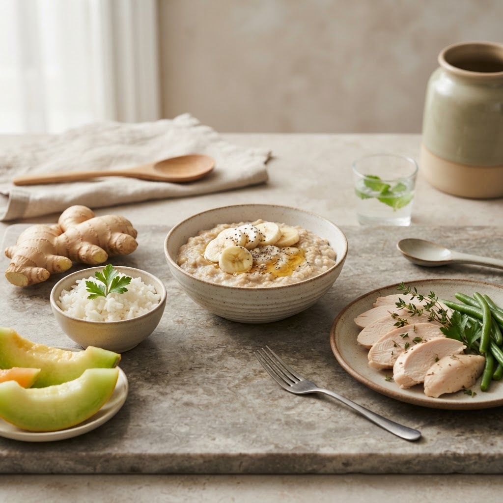 Foods for acid reflux — ginger, oatmeal, banana, melon, rice, and chicken on a stone surface — FoodIdentifier.com