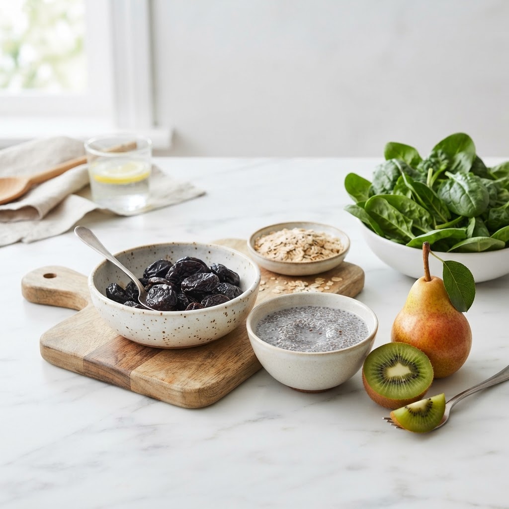 Foods for constipation — pears, prunes, kiwi, chia seeds, oats, and spinach on a marble counter — FoodIdentifier.com