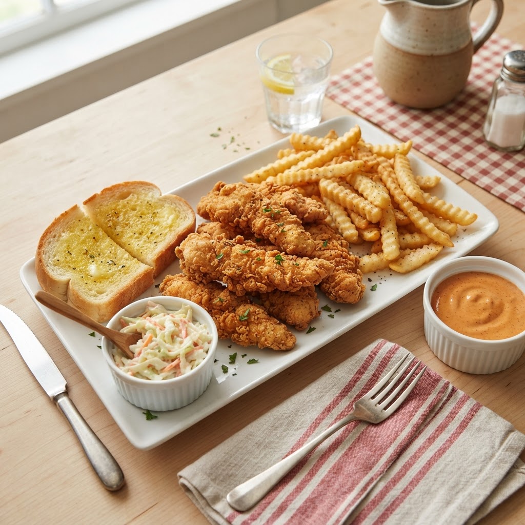 Raising Cane's nutrition calculator — golden crispy chicken fingers with crinkle-cut fries, Texas toast, coleslaw and dipping sauce in red white and yellow color palette