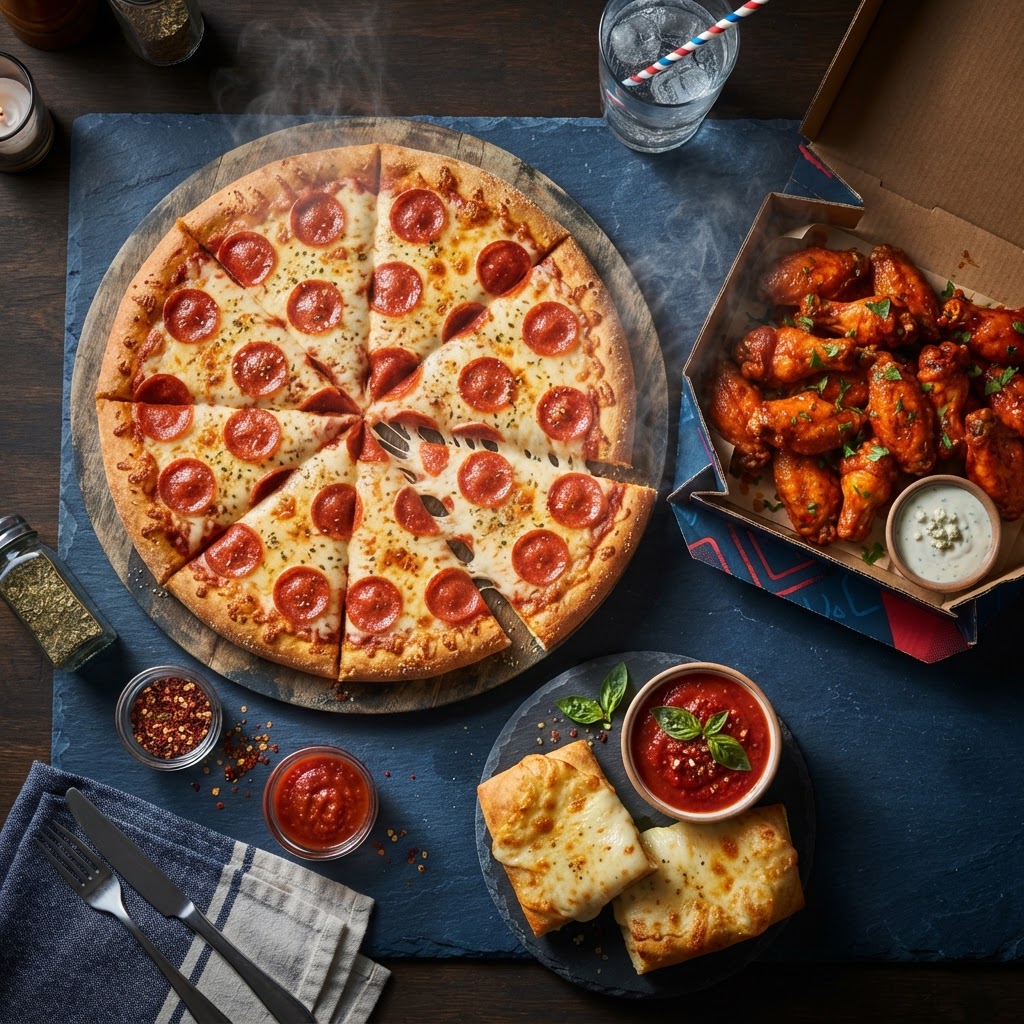 Domino's nutrition calculator — pizza, chicken wings, stuffed cheesy bread and marinara dipping cups on a dark blue surface