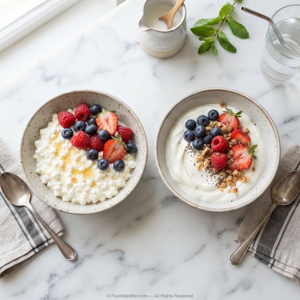 Cottage cheese vs Greek yogurt — close on protein, yogurt wins on sodium, cottage cheese wins in cooked recipes.