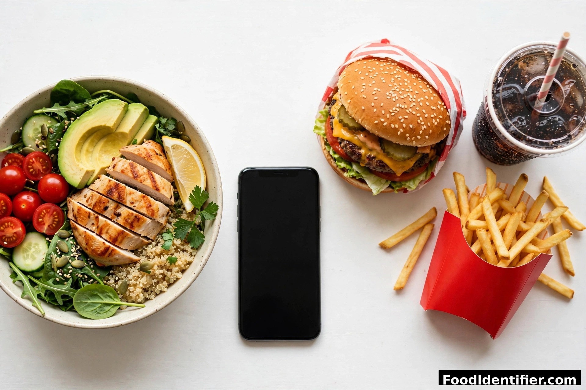 Food analyzer comparison — a wholesome bowl versus fast food, analyzed in seconds.