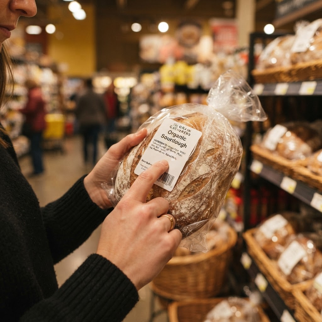 Reading a sourdough label — look for starter or culture, not just sour flavoring.