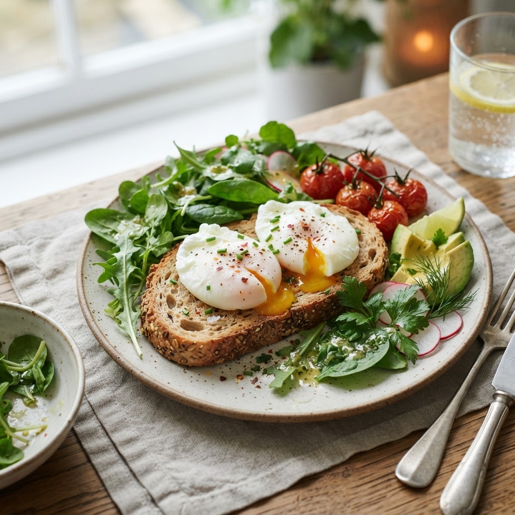 Poached eggs on whole-grain toast with vegetables — the healthiest way to cook eggs adds almost no saturated fat.