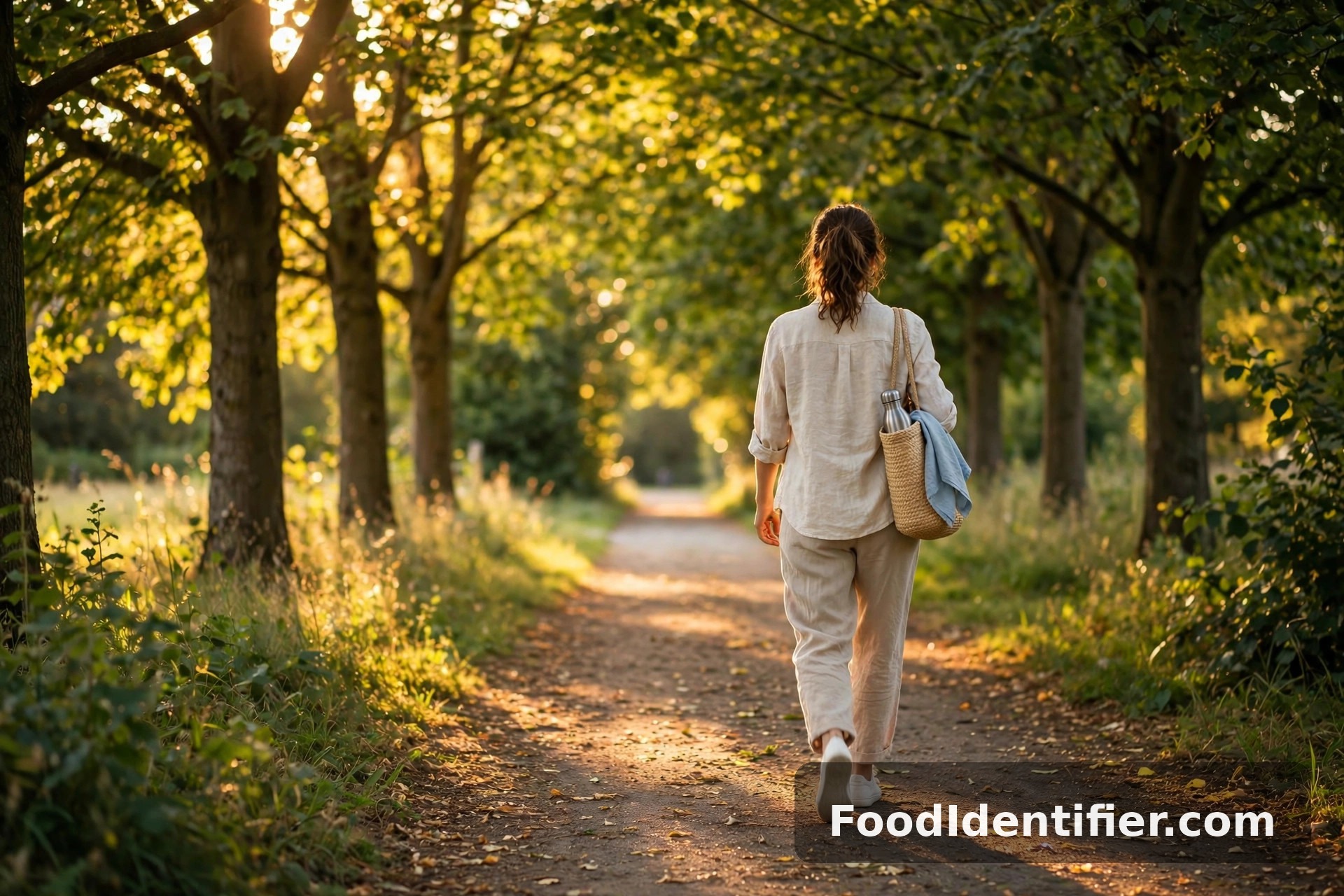 Walking for health \u2014 a woman walking down a sunlit tree-lined path in golden hour light