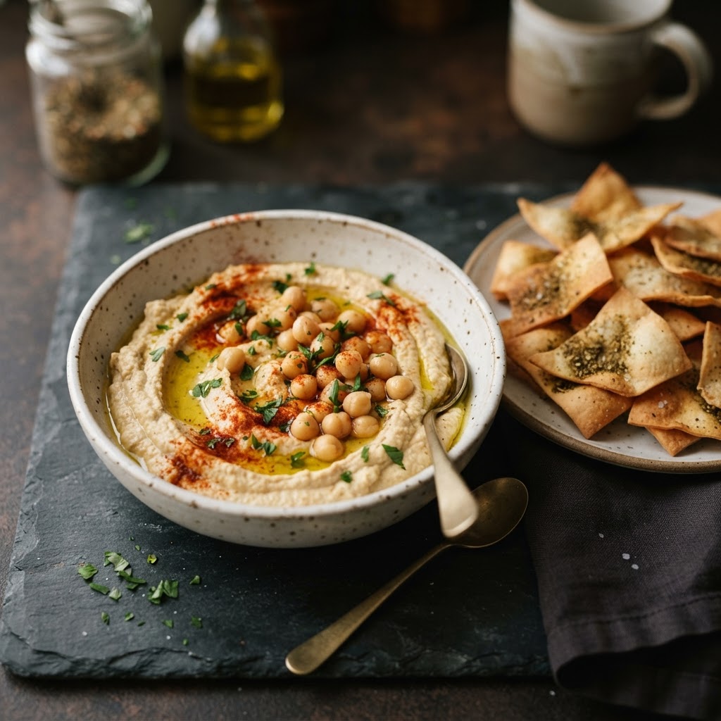 How many calories in hummus - a bowl of creamy hummus drizzled with olive oil topped with chickpeas and paprika with pita chips beside it - FoodIdentifier