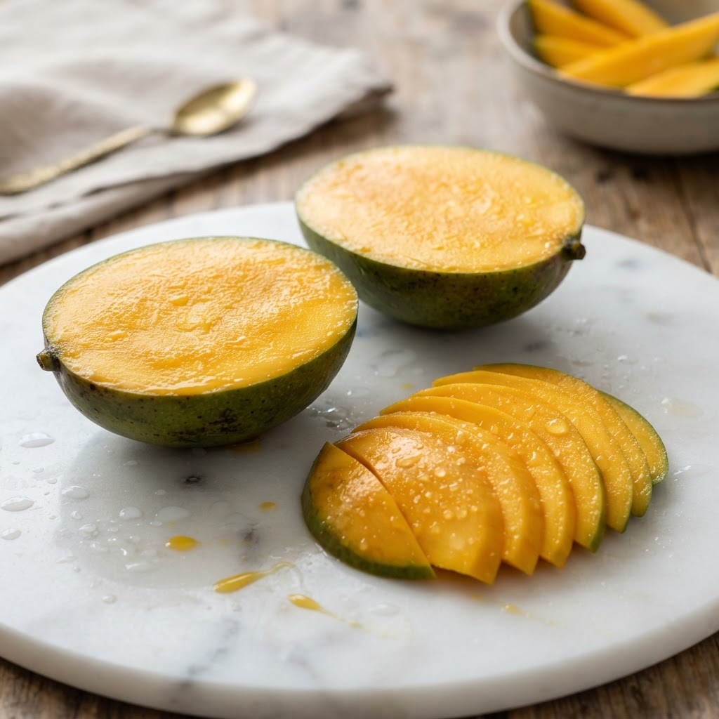 How many calories in mango - ripe mango halves and slices with vibrant golden flesh and USDA nutrition facts - FoodIdentifier