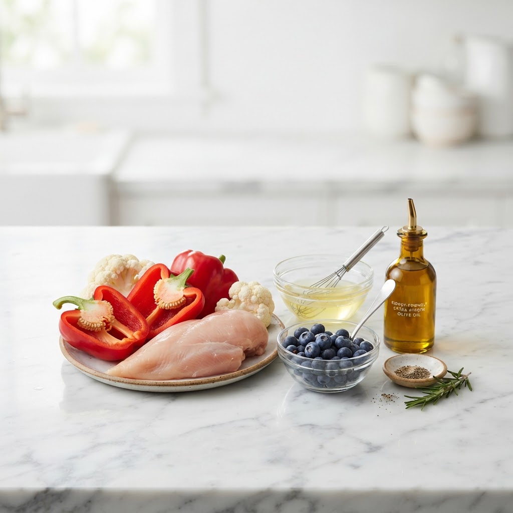 Foods for kidney health — bell peppers, cauliflower, blueberries, chicken, olive oil, and egg whites on a marble surface — FoodIdentifier.com