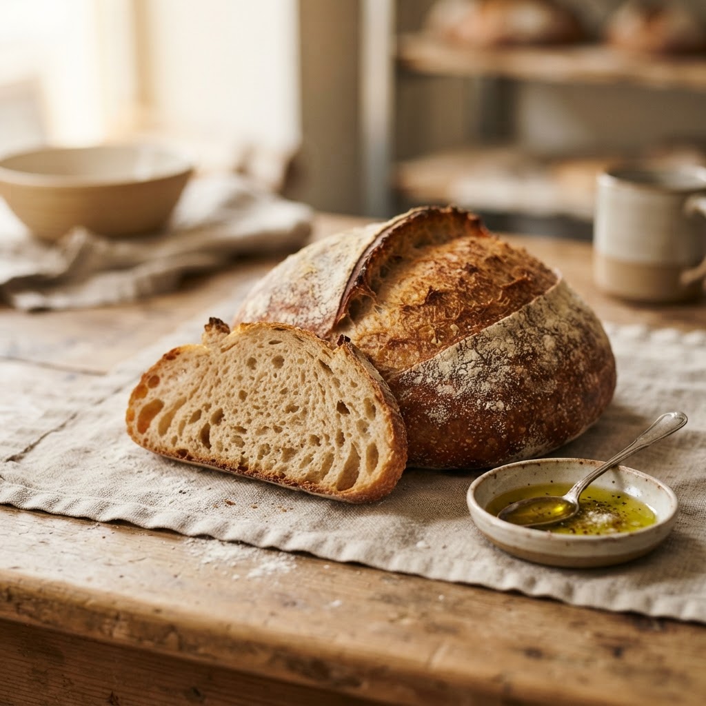 Is sourdough bread healthy? A real fermented loaf, sliced thick.