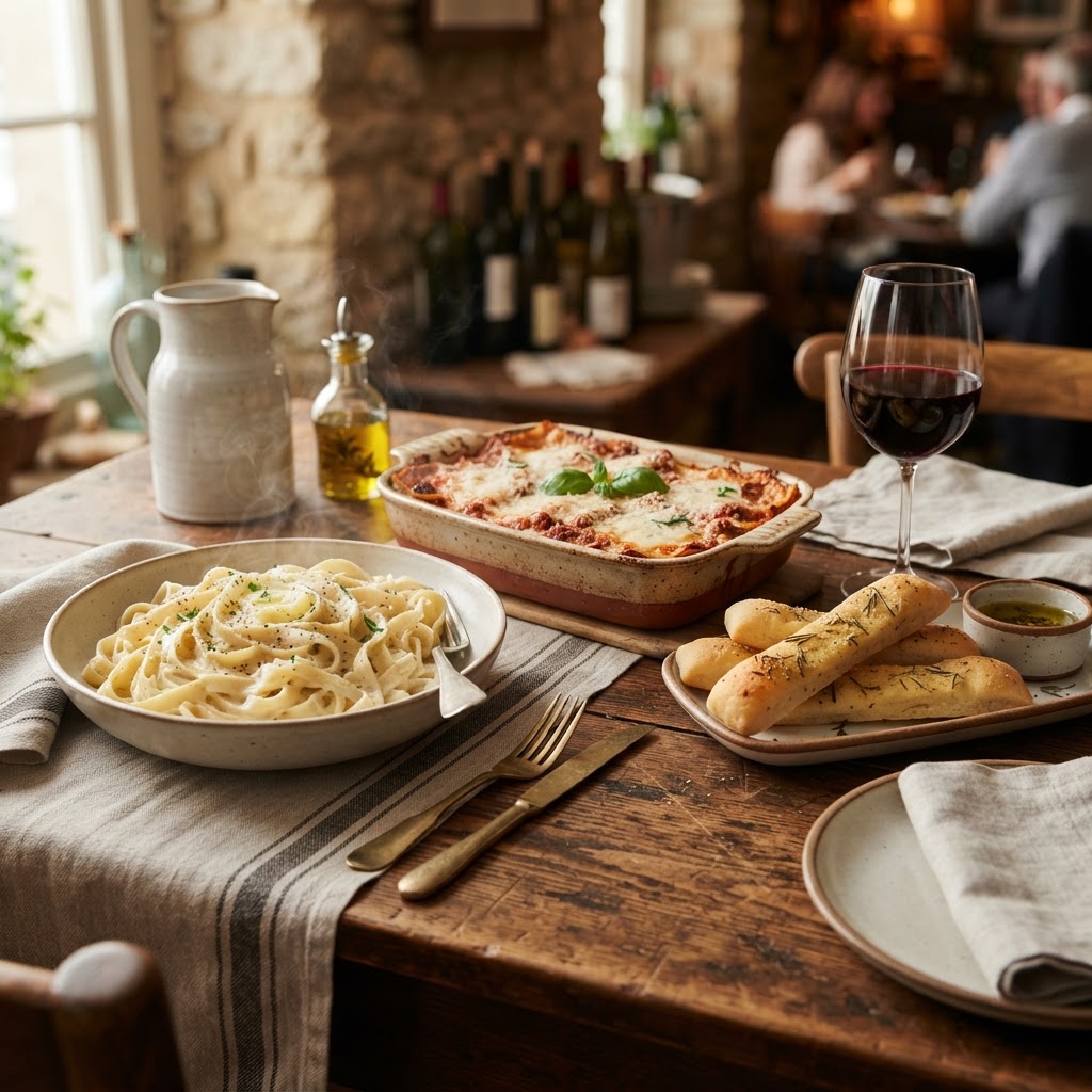 Olive Garden nutrition calculator — an Italian pasta spread with fettuccine alfredo, lasagna, breadsticks, and red wine in warm green and brown tones