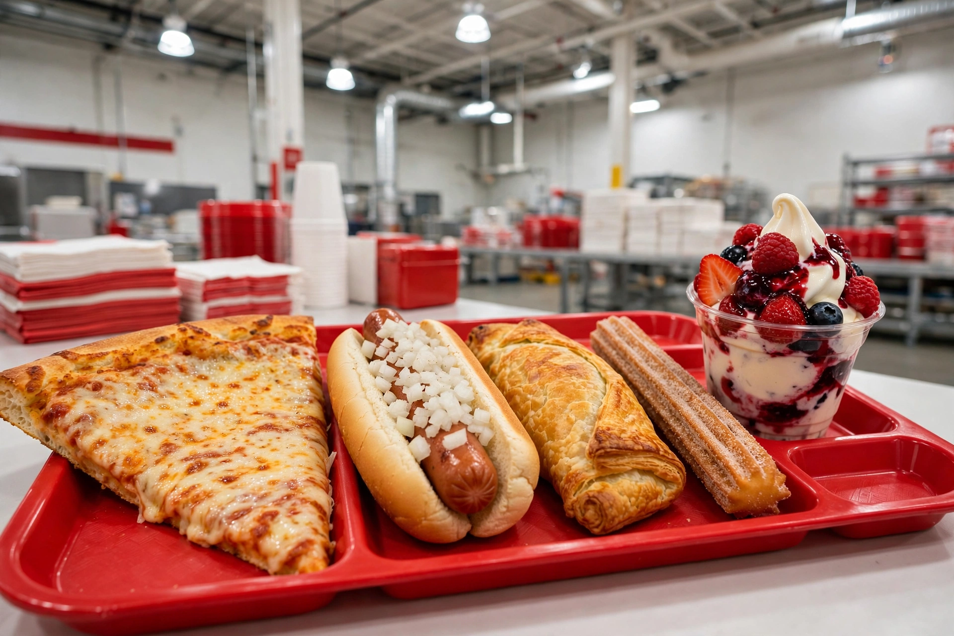Costco food court nutrition calculator — cheese pizza slice, hot dog, chicken bake, churro and sundae on a red tray
