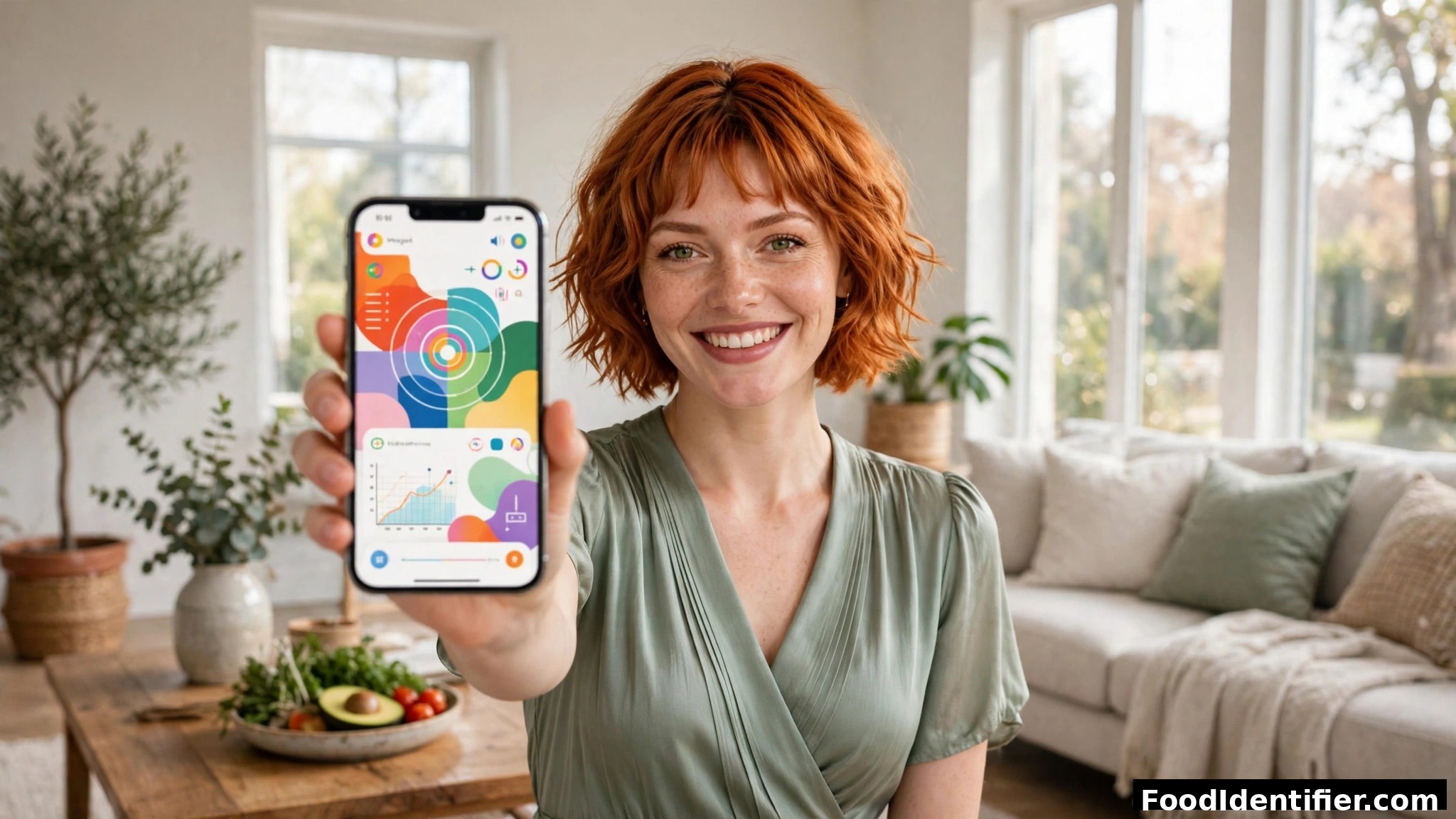 Woman holding a phone showing the Food Identifier app — AI food scanner with no download.
