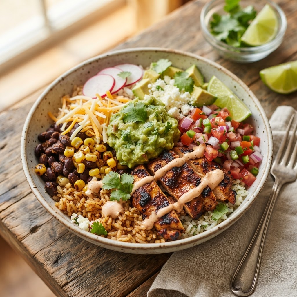 Moe's Southwest Grill nutrition calculator — burrito bowl with grilled chicken, rice, black beans, cheese, guacamole, pico de gallo, and vibrant toppings in warm Southwest red, orange, and yellow tones