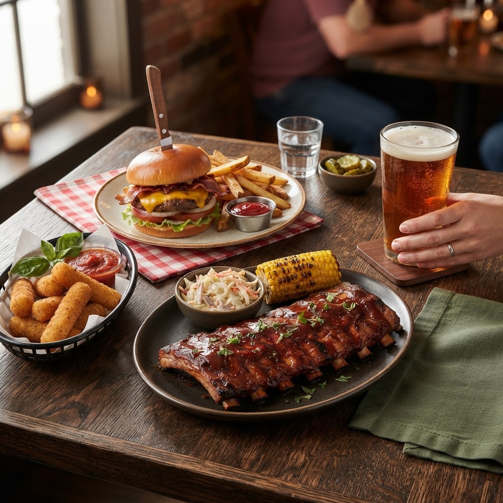 Applebee's nutrition calculator — a neighborhood grill spread with a cheeseburger, ribs, mozzarella sticks, and a pint of beer in red and green tones
