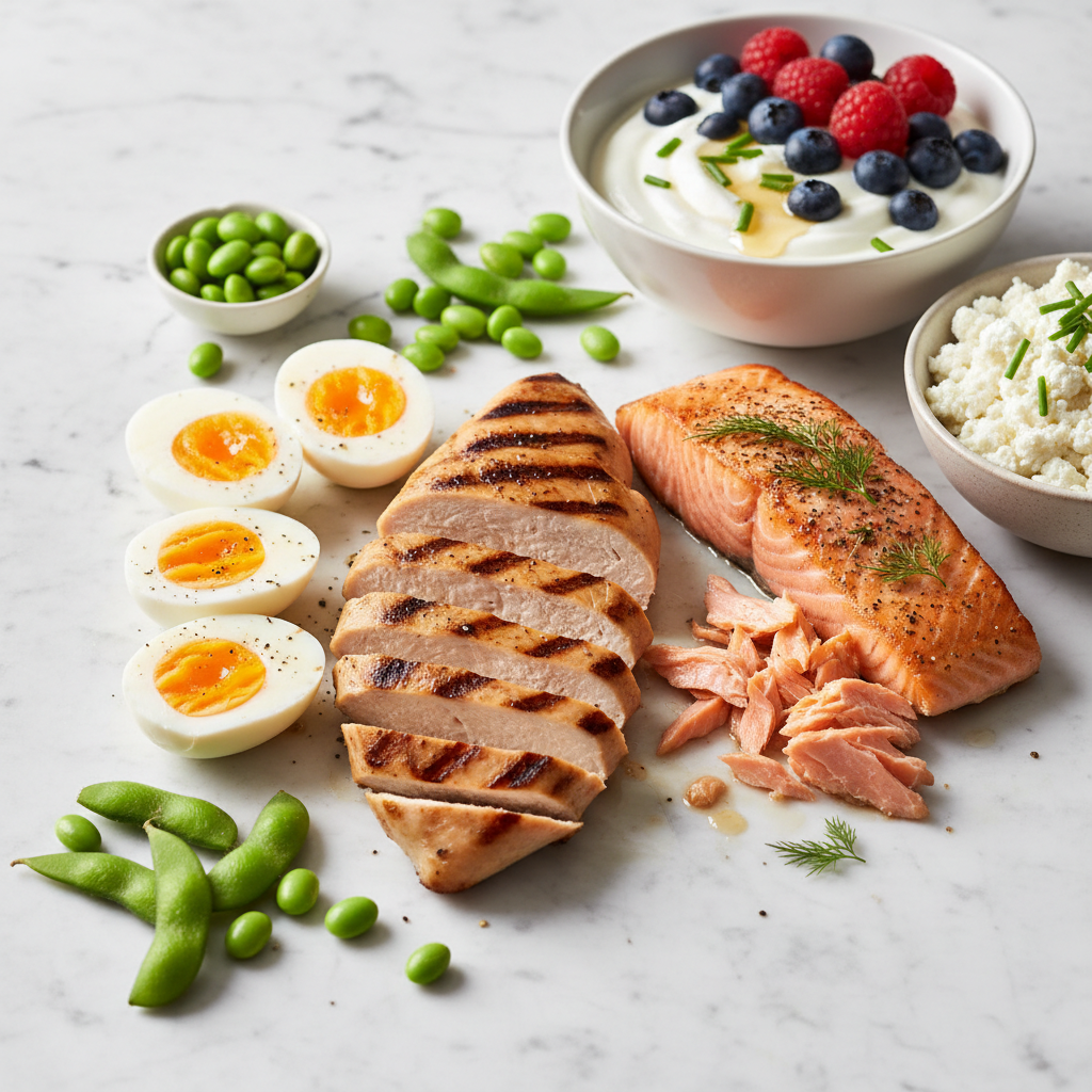 High protein foods for Ozempic users — grilled chicken breast, salmon, eggs, Greek yogurt, cottage cheese, edamame — muscle preservation on GLP-1 medications — FoodIdentifier
