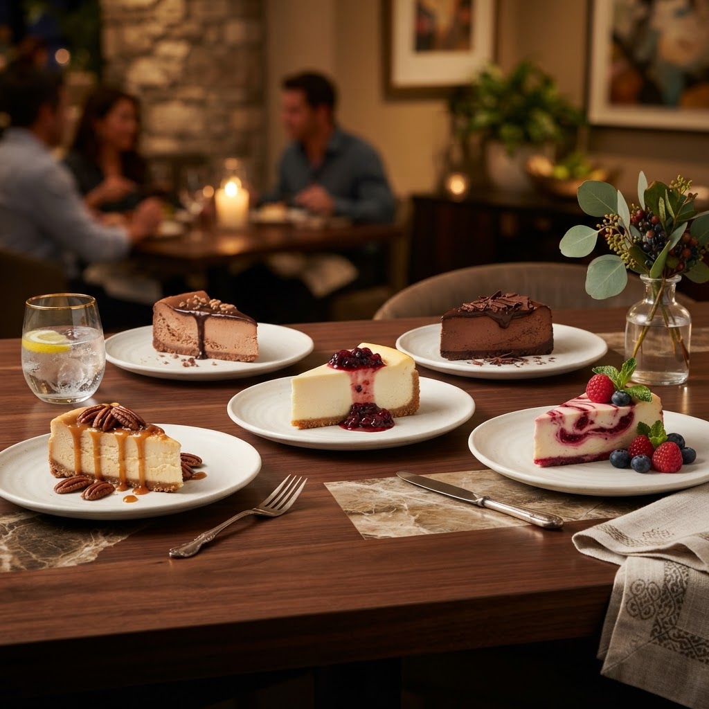 The Cheesecake Factory nutrition calculator — an upscale restaurant spread with assorted cheesecake slices in warm golden tones