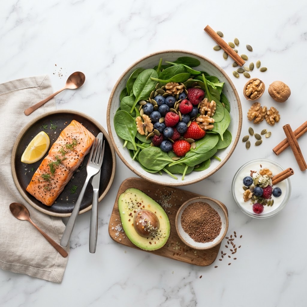 PCOS-friendly foods — leafy greens, berries, salmon, seeds, avocado, and cinnamon on a marble counter — FoodIdentifier.com
