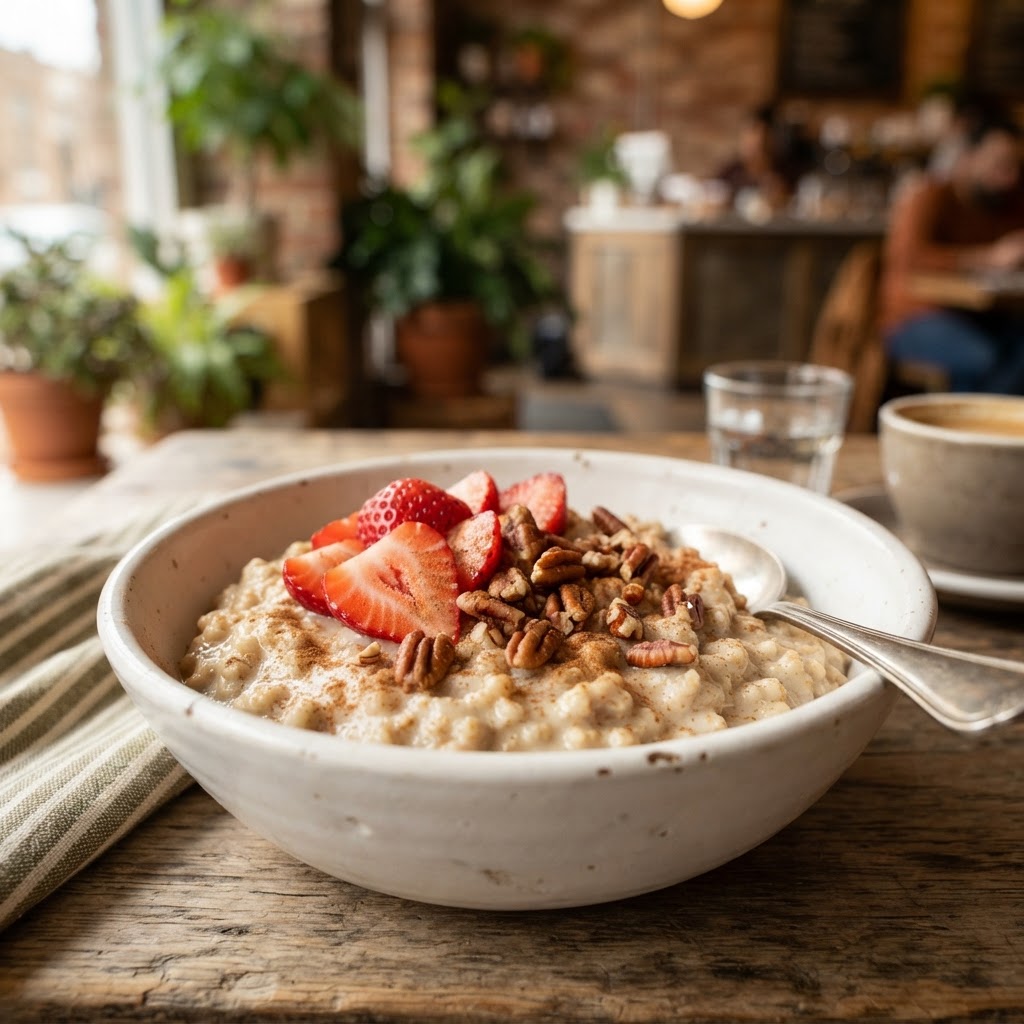 Steel Cut Oatmeal with Strawberries & Pecans