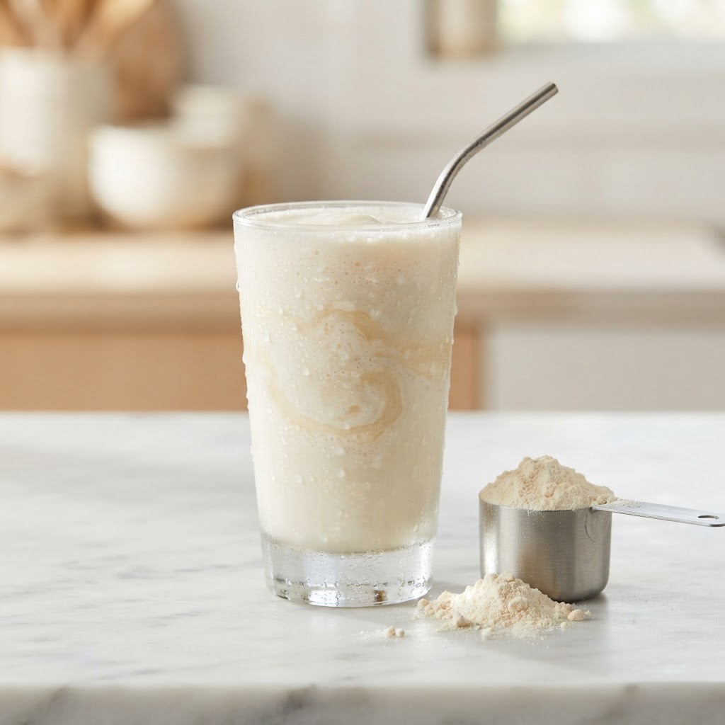 How many calories in a protein shake - a tall glass of creamy vanilla protein shake with a scoop of protein powder beside it on a marble surface - FoodIdentifier