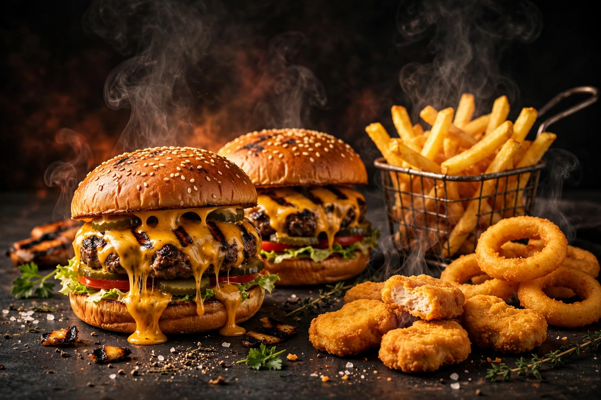 Burger King nutrition calculator — flame-grilled Whoppers, french fries, onion rings and chicken nuggets on a dark surface