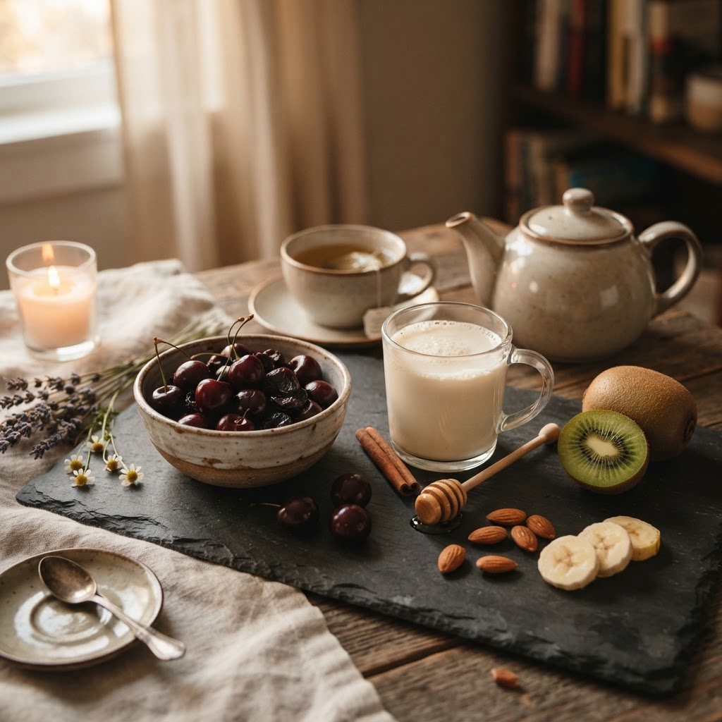 Foods that help you sleep — tart cherries, warm milk, kiwi, almonds, chamomile tea, and banana on a stone surface — FoodIdentifier.com