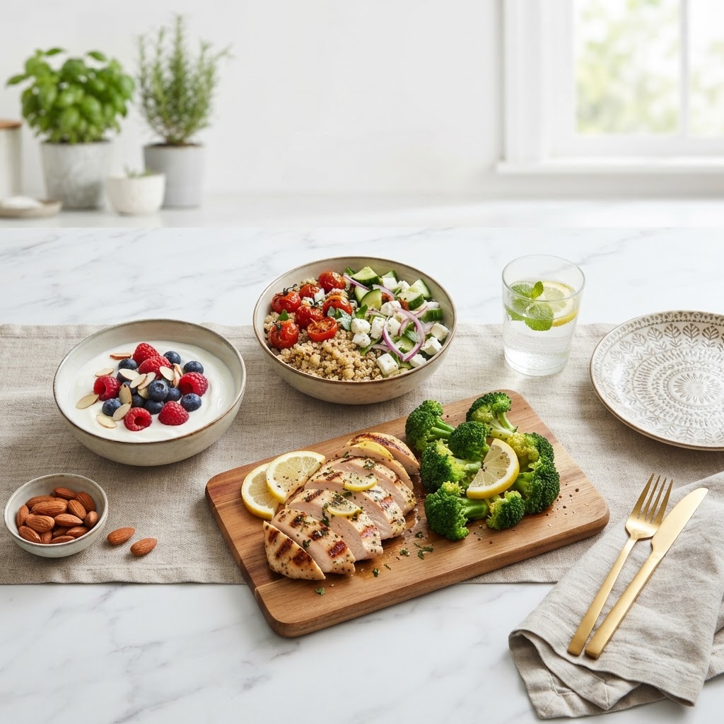 1200 calorie meal plan — grilled chicken, steamed broccoli, quinoa, berries, Greek yogurt, and almonds on a marble counter — FoodIdentifier.com