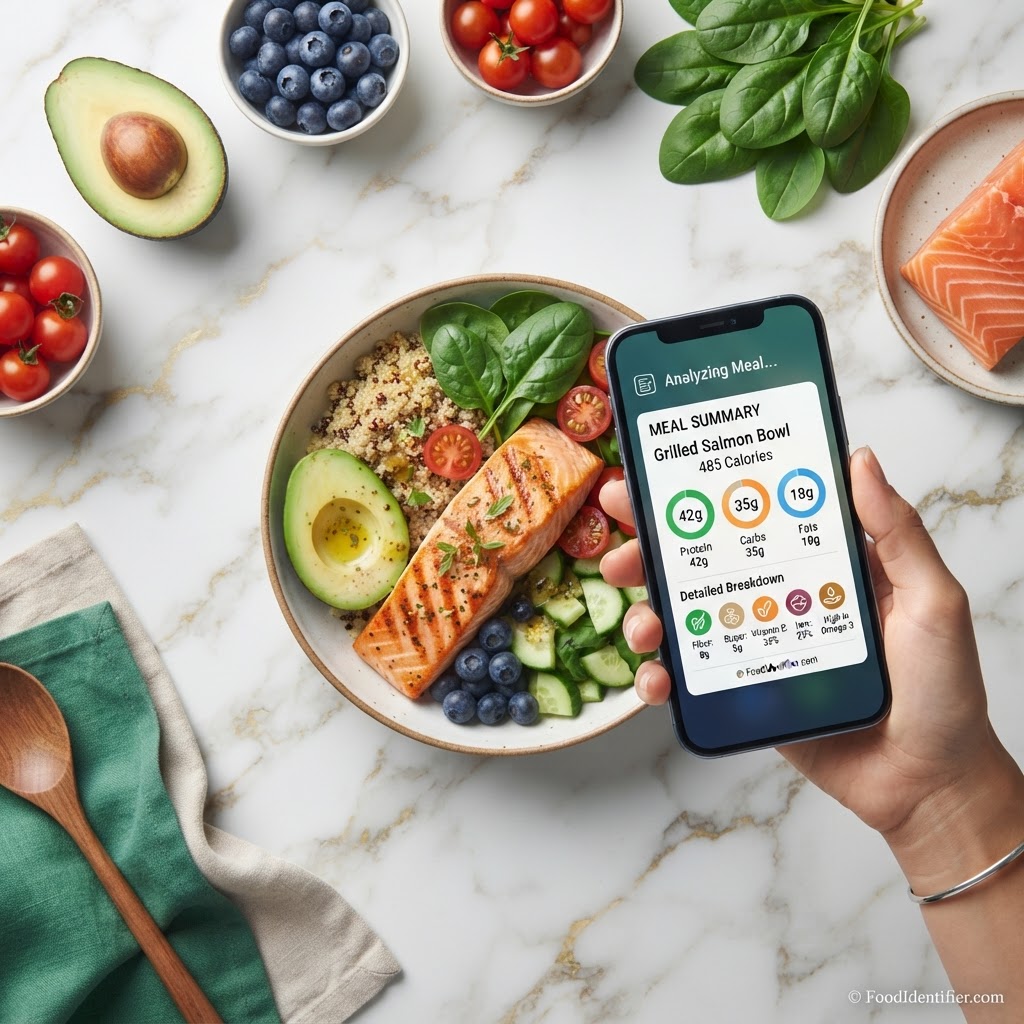 AI food scanner analyzing a healthy meal with nutrition data overlay on a marble countertop — FoodIdentifier's best AI food and health tools for 2026