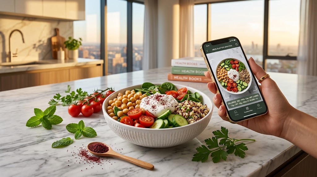 AI food scanner app analyzing Mediterranean salad calories and nutrition on smartphone in modern kitchen