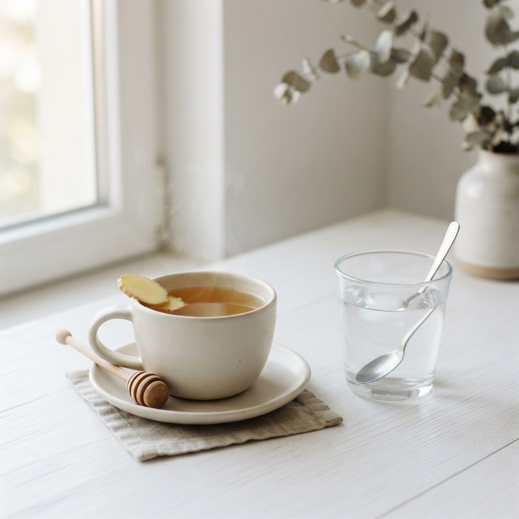 Ginger tea and water — steady sipping between meals on shot day.