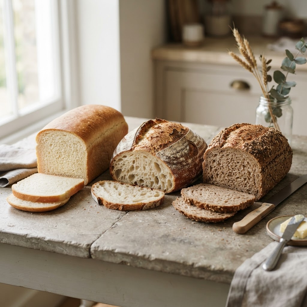 White bread, white sourdough and whole-grain sourdough compared — flour choice changes fiber more than fermentation does.