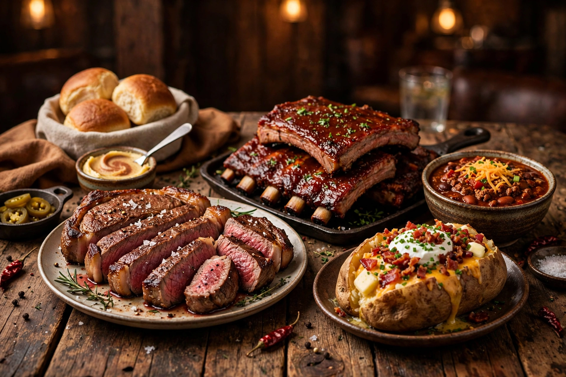 Texas Roadhouse nutrition calculator — ribeye steak, BBQ ribs, baked potato, dinner rolls with cinnamon butter and chili on a rustic dark wood table