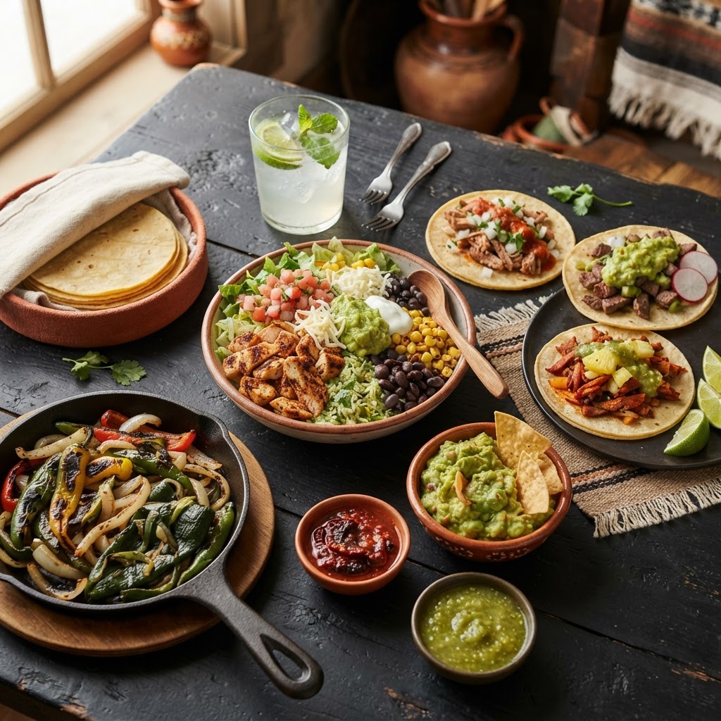 Qdoba nutrition calculator — burrito bowl, street tacos, guacamole, salsas and grilled peppers in vivid green and red tones