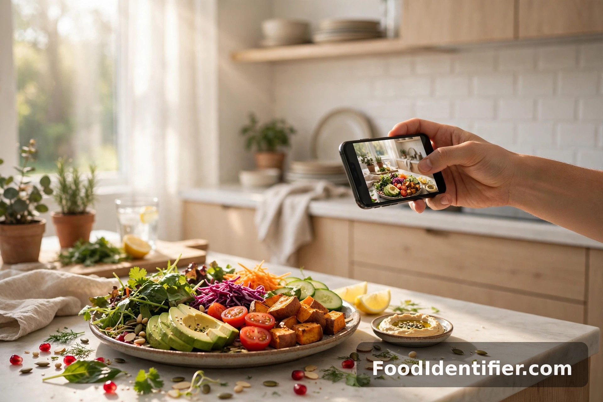 Why FoodIdentifier — a hand photographing a healthy salad bowl with a smartphone in a sunlit kitchen