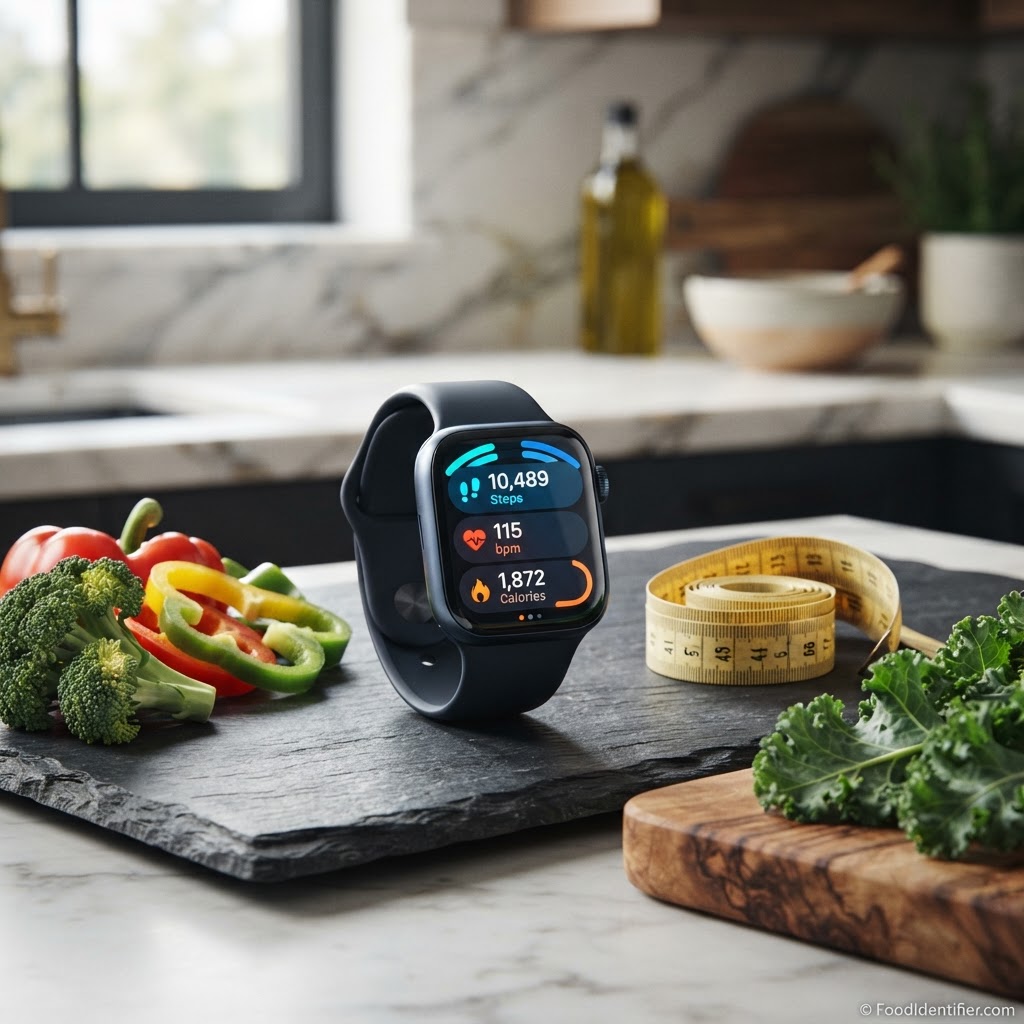 Smartwatch displaying health and nutrition metrics next to fresh vegetables — FoodIdentifier's new wearable health sync, habit streaks, and body composition tracking