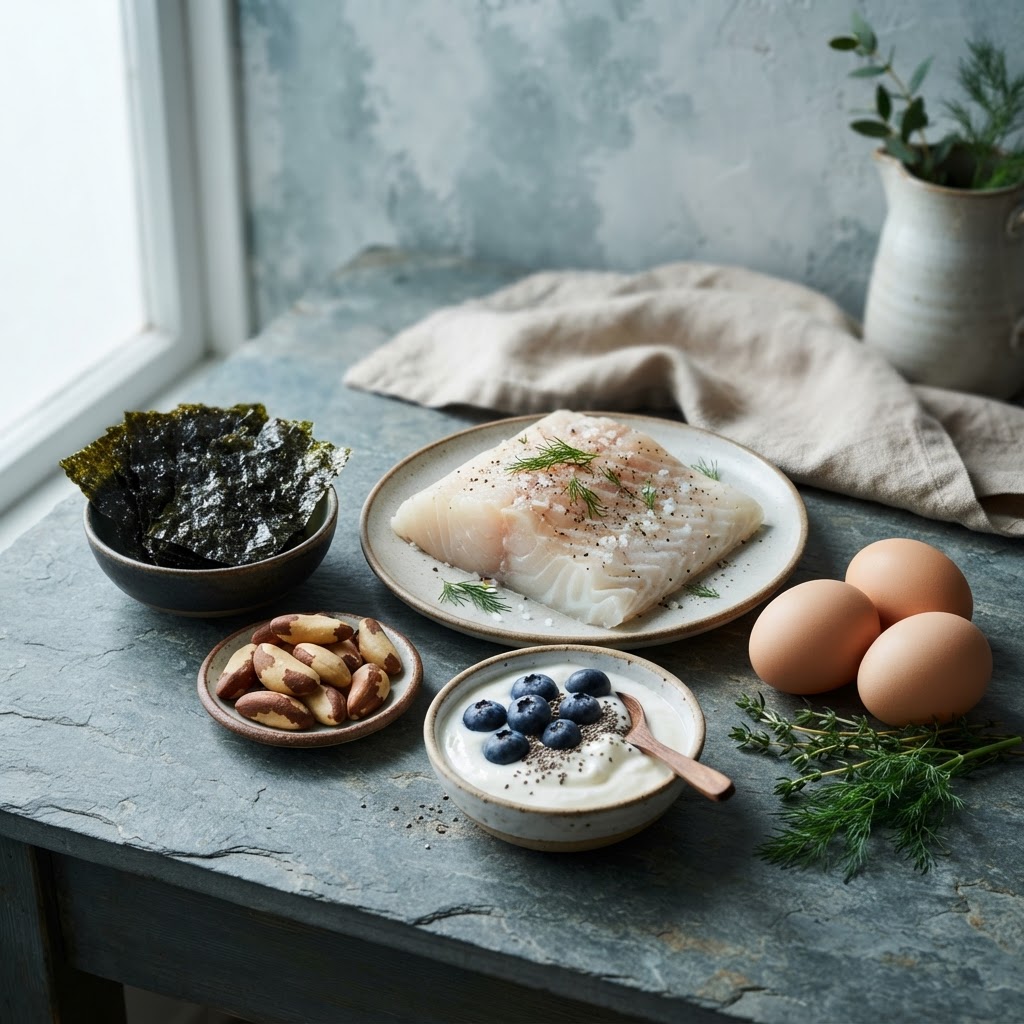 Foods for hypothyroidism — nori seaweed, Brazil nuts, cod, yogurt, eggs, and blueberries on a stone counter — FoodIdentifier.com
